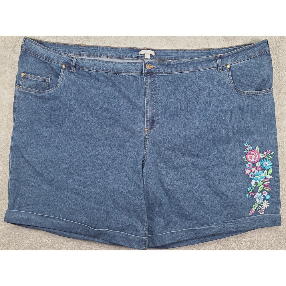 Woman Within Womens 42W Blue Denim Floral Embroidered Bermuda Shorts High Rise